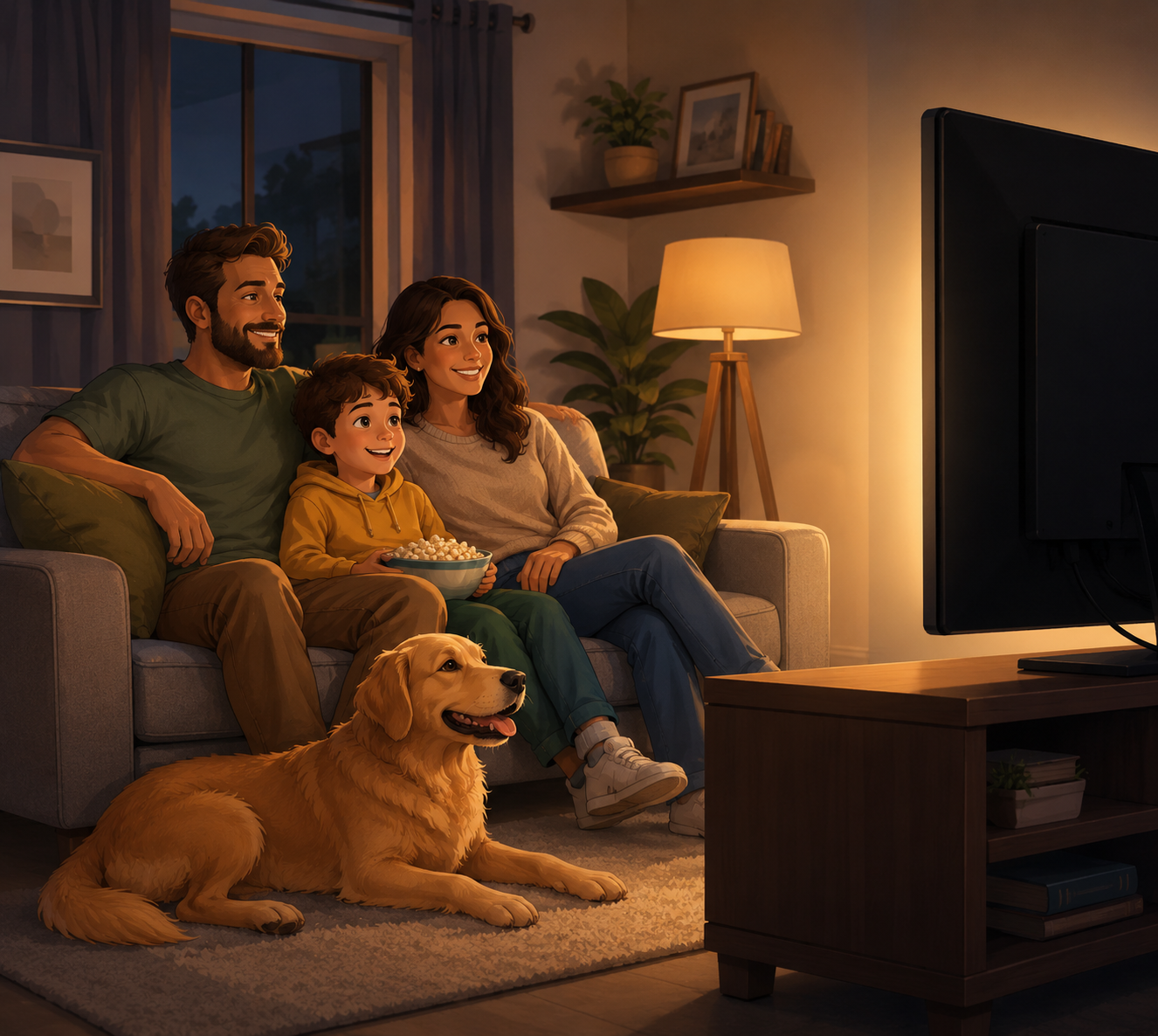 Ilustração: família com criança e cão a ver TV em conjunto